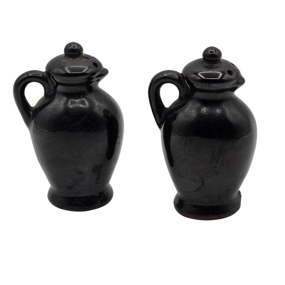 Vtg Black Glaze Ceramic Pottery Salt & Pepper Shakers Figural Jug Faces Set of 2
